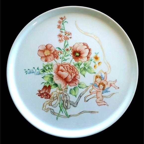 Handmade Other - Vintage Hand Painted Porcelain Platter with Flowers and Angels 11.5 Inch Round